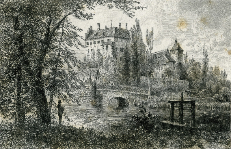 Im Hintergrund ist Schloss Aschach zusehen. Im Vordergrund stehen links hohe Bäume und eine Person im Schatten der Bäume. Davor erstreckt sich über die gesamte Bildbreite Wiese. Dahinter fließt ein breiter Fluß.